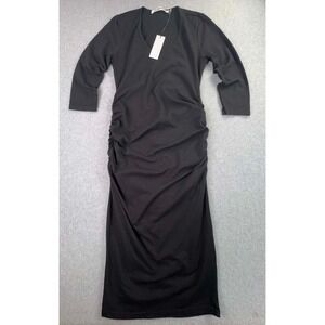 NEW Michael Stars Black Ruched Midi Dress Women's Size MP V Neck‎ 3/4 Sleeve USA